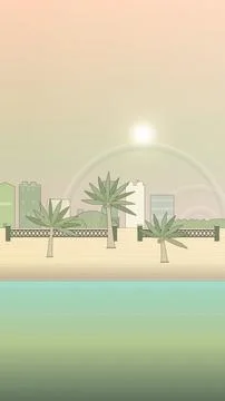 Seaside horizon scene with sand beach, coastal trees, and chain-link fence Ilustración de archivo