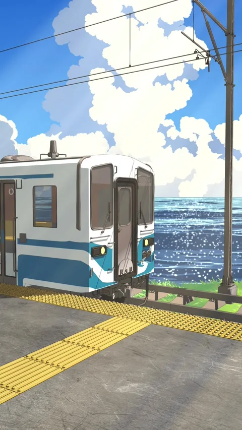 Seaside Japanese Train Station Loop Background Vertical 4K Stock Footage 334781824