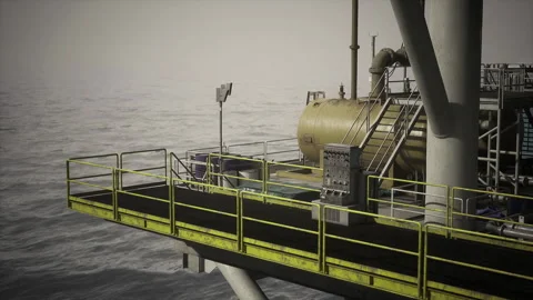 Seaside oil rig walkway featuring rusted surfaces and safety gear Stock Footage 341599762
