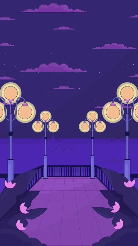 Seaside pier lit by night lamps lofi vertical animation Stock Footage 311237372
