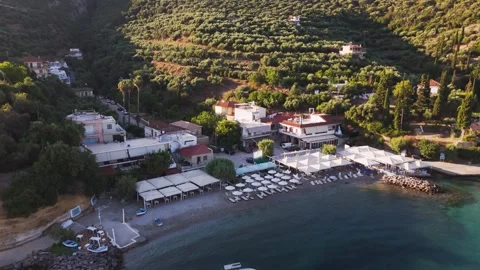 Seaside Restaurant and Olive Groves, Greece Stock Footage 344050080