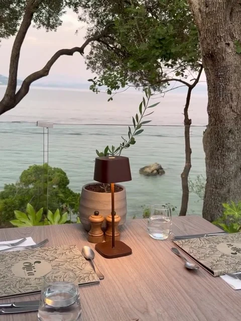 Seaside Restaurant Table Setting at Twilight Stock Footage 342470057