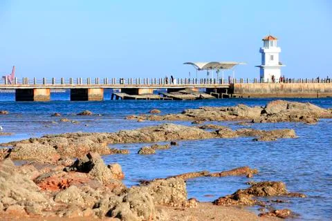 The seaside scenery and the seaside pier Stock Photos