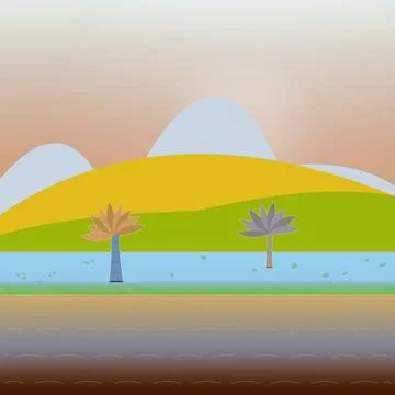 Seaside shoreline backdrop with radial light sky, coastal mountain ridge, and to Stock Illustration