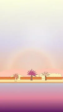 Seaside shoreline backdrop with radial light sky, coastal mountain ridge, and ch Stock Illustration