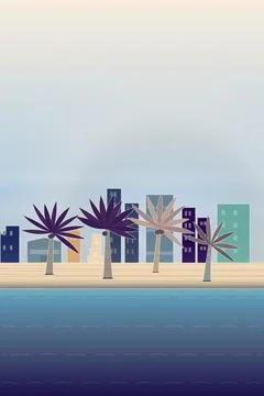 Seaside shoreline backdrop with rippled sand beach, foam-banded ocean water, and Stock Illustration