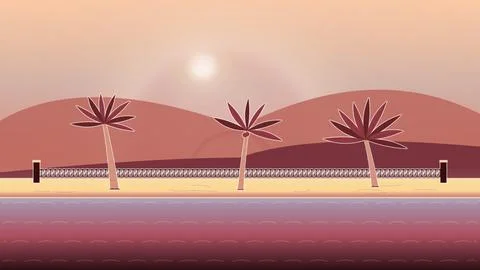 Seaside shoreline backdrop with sand beach, coastal trees, and wrought-iron orna Stock Illustration