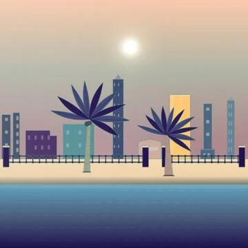 Seaside shoreline backdrop with sunset sky, coastal mountain ridge, and sparklin Stock Illustration