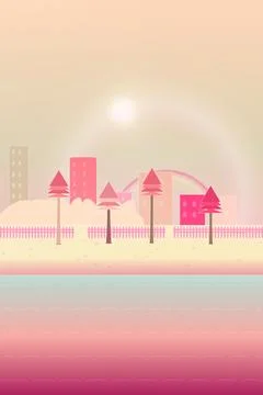 Seaside shoreline backdrop with sunset sky, coastal mountain ridge, and horizon Stock Illustration