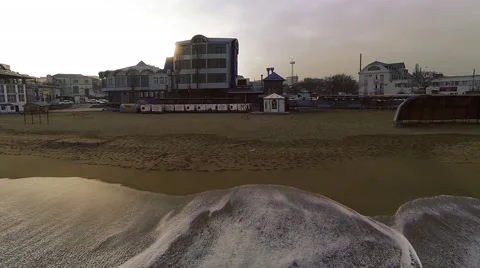 Seaside slide camera view. Caspian Sea. Storm. Aerial video. Stock Footage 50894472