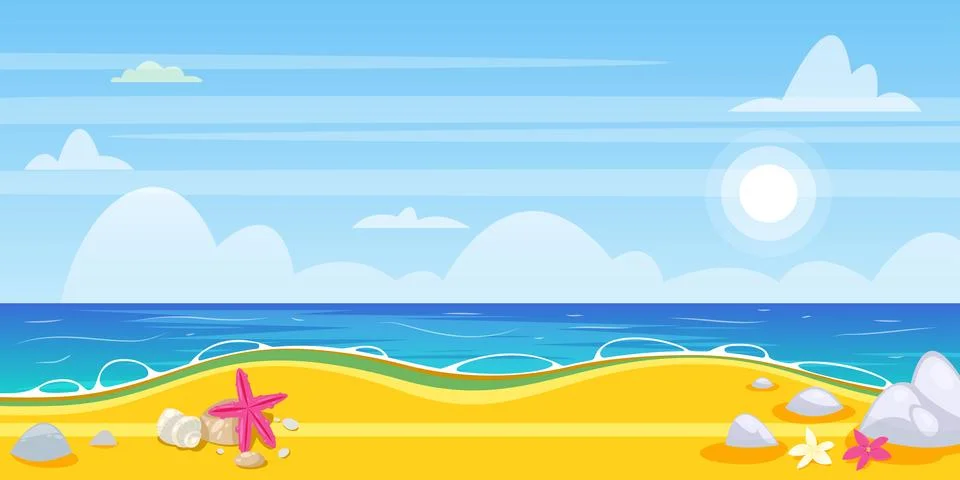 Seaside summer landscape. Vector flat cartoon illustration. Sea ocean beach b Stock Illustration