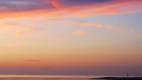 Seaside Sunset with Lighthouse and Flying Birds Stock Footage 312921037