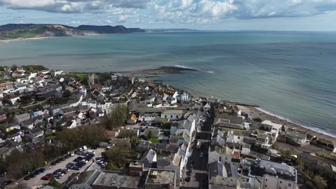 Seaside town Lyme Regis Devon UK overhead drone aerial view Stock Footage 333610463