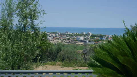 Seaside town ocean olive trees handheld panning shot Stock Footage 346086292