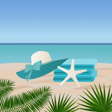 Seaside vacation concept. A stack of towels and a beach hat lie on a sandy .. Illustrazione stock
