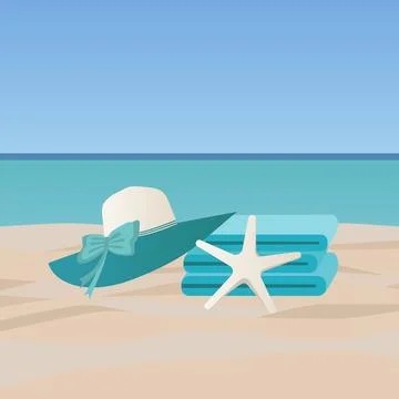 Seaside vacation concept. A stack of towels and a beach hat lie on a sandy be Illustrazione stock