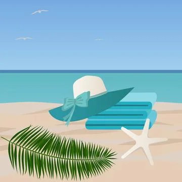 Seaside vacation concept. A stack of towels and a beach hat lie on a sandy .. Illustrazione stock