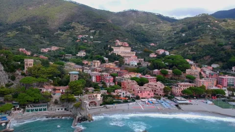 Seaside View of Monterosso al Mare with Statue, Cinque Terre Stock Footage 314506539