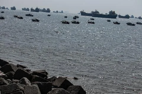 Seaside view of moving cargo ship at Patenga beach Stock Photos