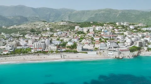 Seaside view over Himare from a drone, Albanian Riviera, Albania Stock Footage 276139077