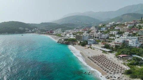 Seaside view over Himare from a drone, Albanian Riviera, Albania 動画素材 276139083