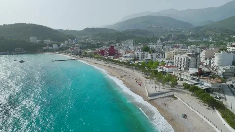 Seaside view over Himare from a drone, Albanian Riviera, Albania Stock Footage 276139095