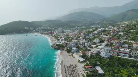 Seaside view over Himare from a drone, Albanian Riviera, Albania Stockbeeldmateriaal 276139099