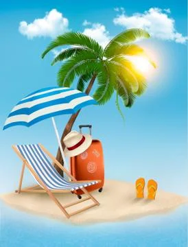 Seaside view with a palm tree, beach chair and parasol. summer vacation conce Stock Illustration