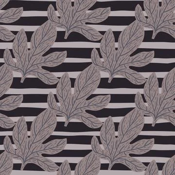 Season fall seamless pattern with dark grey outline leaf elements. Striped ba Stock Illustration
