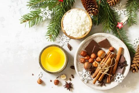 Seasonal baking winter background. Ingredients for Christmas baking - chocola Fotos Stock