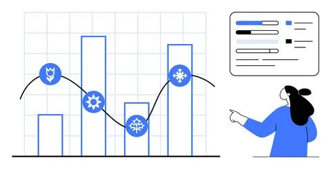Seasonal Data Analysis with Graphs and Charts Featuring Various Icons 스톡 일러스트