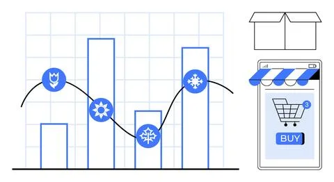 Seasonal Sales Data with E-commerce Integration and Delivery Icons on Bar Gra Stock Illustration