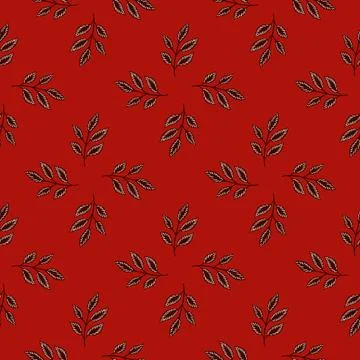 Seasonal seamless pattern with doodle leaf branches ornament. Red background. Stock Illustration