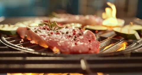 Seasoned meat steak falling down Stock Footage 311830771