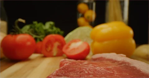 Seasoning New York steak with spices and olive oil, marinate meat Video stock 126290853