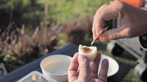 Seasoning a soft-boiled egg while camping outdoors Stock Footage 324906446