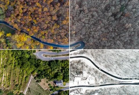 Seasons Concept summer winter fall spring Aerial view Winding road serpentine Stock Photos