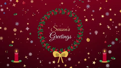 Seasons Greetings script text inside a Christmas wreath with candles Stock-Footage 348258306
