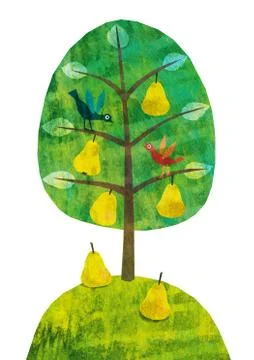 Seasons - Summer Pear Tree with Birds Stock Illustration