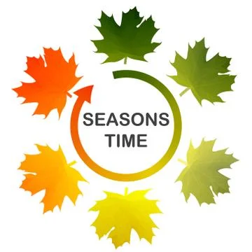 Seasons time. Six multicolored maple leafs. Arrow of time Logo Stock Illustration