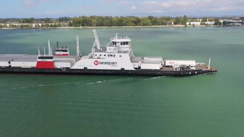 Seaspan vehicle ferry loaded with trailers, Side Tracking Medium View Stock Footage 346252187
