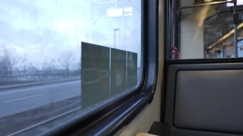 Seat window's train cross river on bridge. Stock Footage 147229268