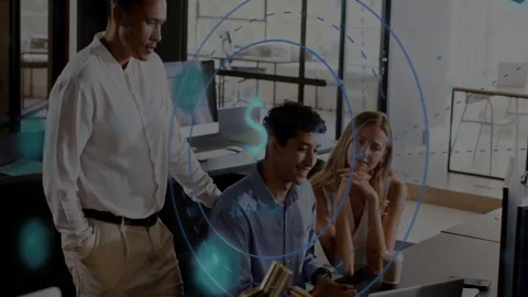 Seated analyst typing causing rotating holo dollar overlay, team pointing, Stock Footage 333893757