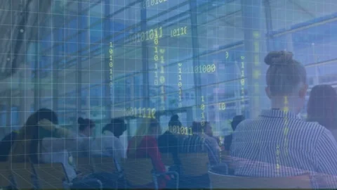 Seated audience sitting as blue grid appearing, starting falling binary bits, Stock Footage 335281982