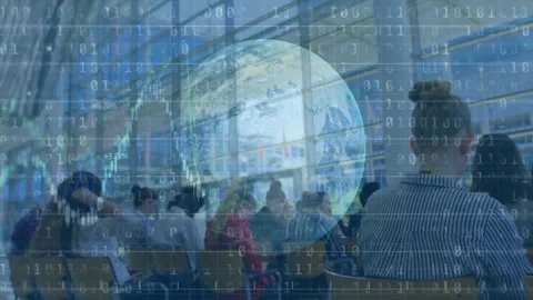 Seated audience watching as speaker cue triggers transparent globe and charts Stock Footage 331570782