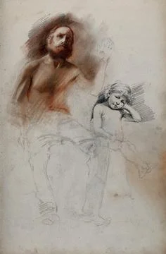 A seated bare-torsoed man next to a seated nude boy. Red chalk drawing. Stock Illustration