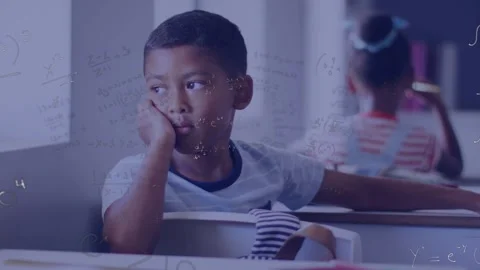 Seated boy leaning in class, glancing as math overlay growing, obscuring him, Stock Footage 334368857