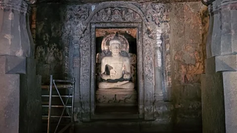 Seated Buddha Statue Inside Cave Shrine, Ajanta Caves, Maharashtra, India 8K Stock Footage 256914886