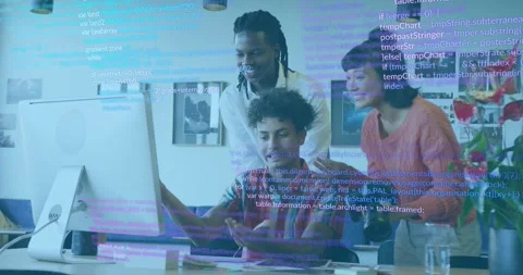 Seated coder clicking mouse and overlaying code across scene as team with device Stock Footage 334312068