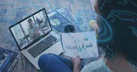 Seated colleague checking bar chart while onscreen speaker gesturing for data, Stock Footage 326974647